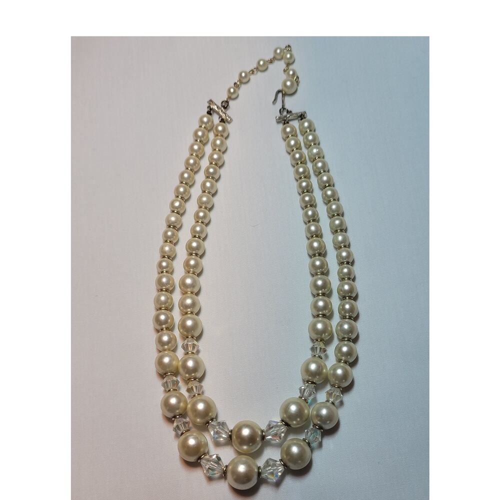 Vintage Crystal Aurora Borealis & Faux Pearl Necklace Dbl Strand 16 " Gold Tone